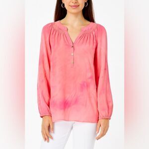 Lilly Pulitzer Tie-Dye Elsa Blouse – Pink, Long Sleeve, Gold Buttons, Size M
